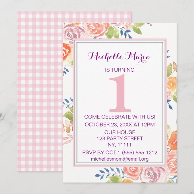 Invitation Aquarelle rose Plaid Floral Premier anniversaire (Devant / Derrière)