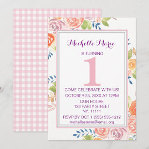 Invitation Aquarelle rose Plaid Floral Premier anniversaire