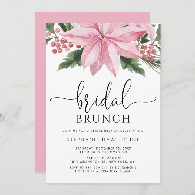 Invitation Aquarelle rose Poinsettia Bridal d'hiver Brunch (Devant / Derrière)