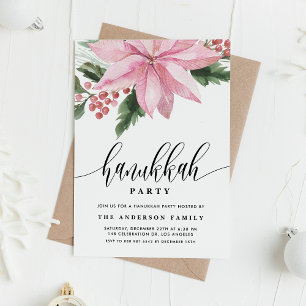 Invitation Aquarelle rose Poinsettia Holly Hanoukka Party