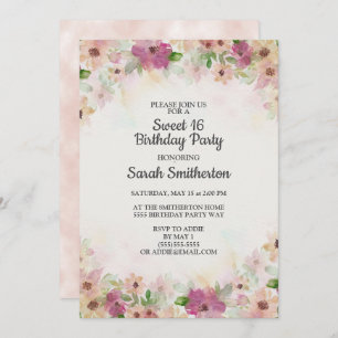 Invitation Aquarelle rose pourpre crème douce 16 Anniversaire