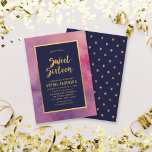 Invitation Aquarelle rose pourpre et Sweet sixteen or Faux<br><div class="desc">Cette élégante invitation Sweet 16 présente une aquarelle rose violet, les mots "Sweet sixteen" et une bordure en feuille d'or faux et un centre bleu foncé. Invitation a un faux motif à feuille d'or pois contre un arrière - plan bleu foncé à l'arrière. C Personnalisez cette invitation en remplaçant le...</div>
