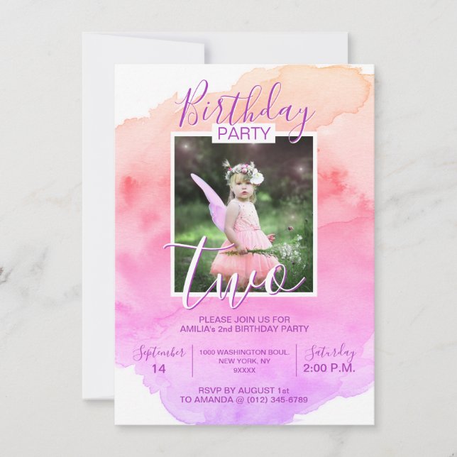 Invitation Aquarelle rose pourpre fille ANNIVERSAIRE 2e DEUX  (Devant)