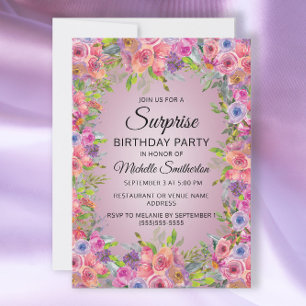 Invitation Aquarelle rose pourpre Floral Surprise Anniversair