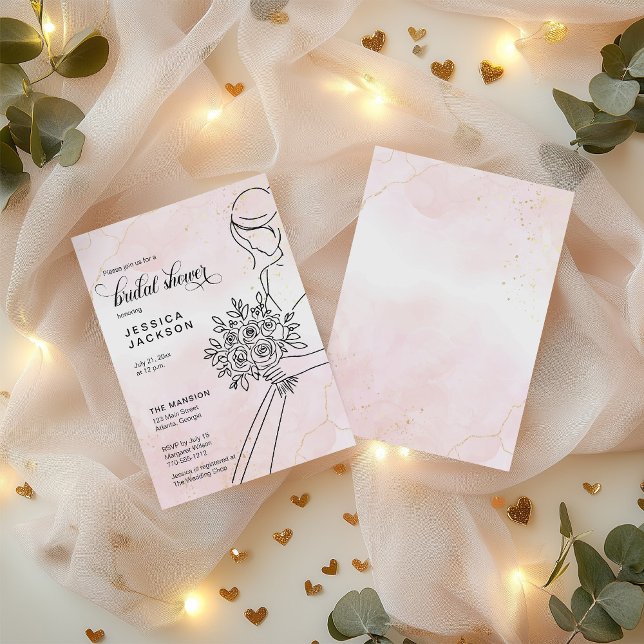 Invitation Aquarelle rose poussiéreuse avec mariée (Créateur téléchargé)
