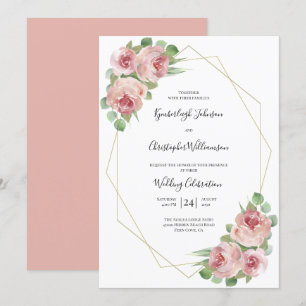 Invitation Aquarelle rose poussiéreuse Floral Mariage géométr