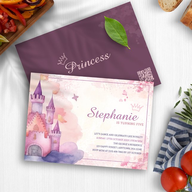 Invitation Aquarelle rose Princess Castle Anniversaire (Pink Watercolor Princess Castle Birthday Party Invitation)