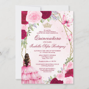 Invitation Aquarelle rose princesse Cheveux Brown Quinceanera