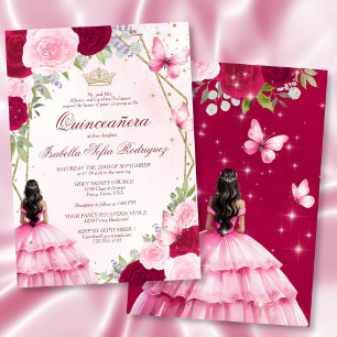Invitation Aquarelle rose princesse Cheveux noirs Quinceanera
