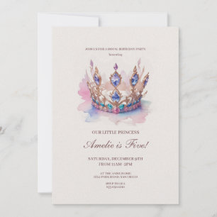 Invitation Aquarelle rose princesse Couronne Fairytale Annive