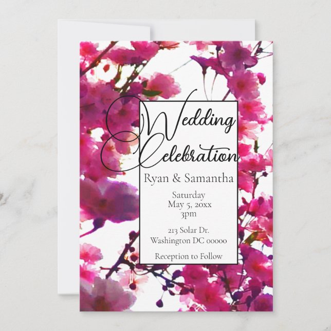 Invitation Aquarelle rose printemps fleuri arbre fleuri (Devant)