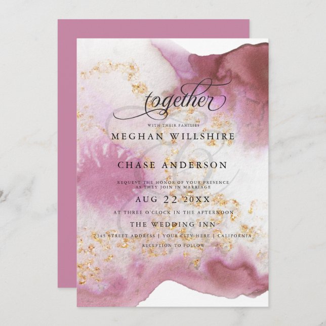 Invitation Aquarelle Rose Quartz Gold Geode BarefootBride™ (Devant / Derrière)