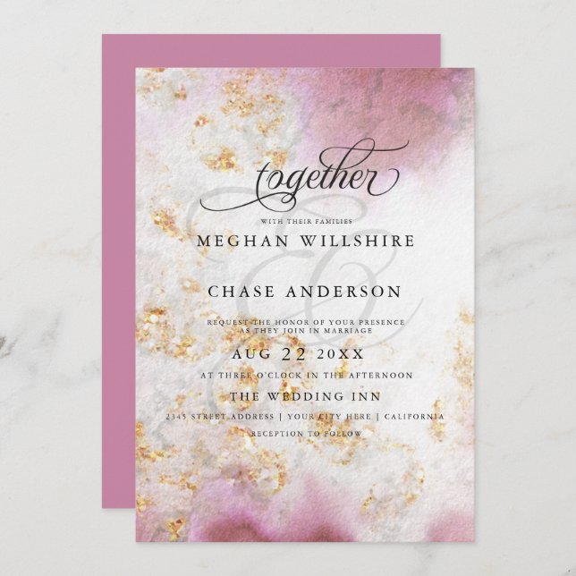 Invitation Aquarelle Rose Quartz Gold Geode BarefootBride™ (Devant / Derrière)