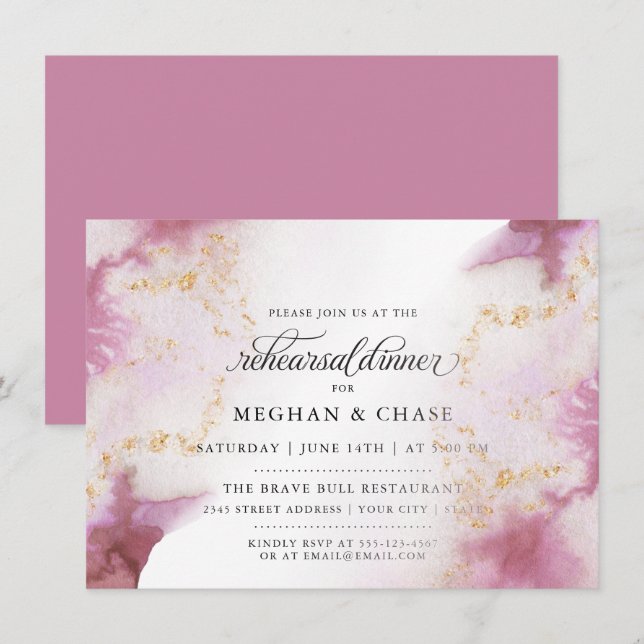 Invitation Aquarelle Rose Quartz Gold Geode BarefootBride™ (Devant / Derrière)