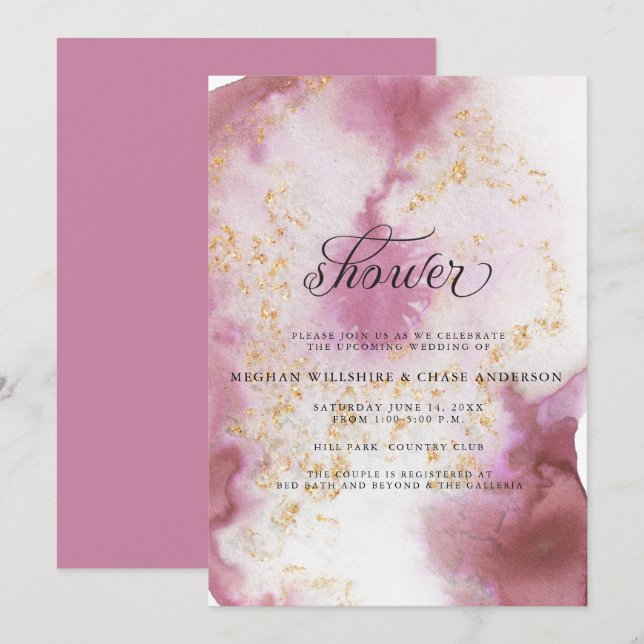 Invitation Aquarelle Rose Quartz Gold Geode BarefootBride™ (Devant / Derrière)