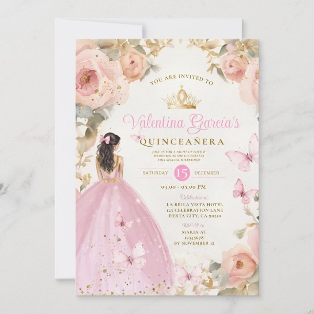 Invitation Aquarelle rose Quinceañera 15 Anos Gold Crown (Devant)