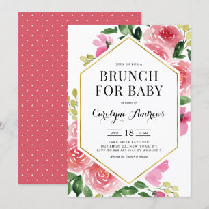 Invitation Aquarelle rose Rose Brunch à cadre floral pour béb
