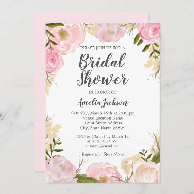 Invitation Aquarelle rose Rose couleur rose Fête des mariées  (Devant / Derrière)