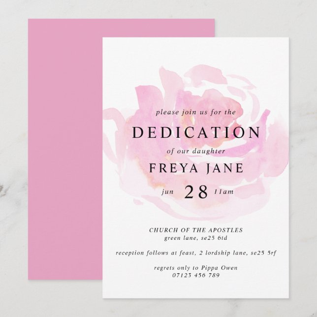 Invitation Aquarelle rose Rose Dédication bébé (Devant / Derrière)