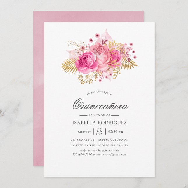 Invitation Aquarelle Rose rose et or Quinceañera (Devant / Derrière)