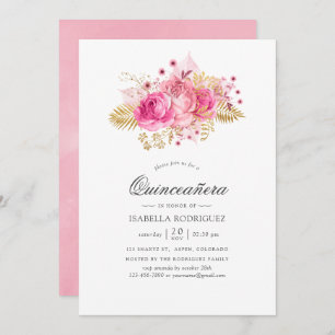 Invitation Aquarelle Rose rose et or Quinceañera
