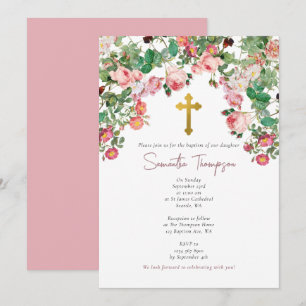 Invitation Aquarelle rose Rose Fleur Jardin Fille Baptême