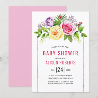 Invitation Aquarelle rose rose floral fille baby shower