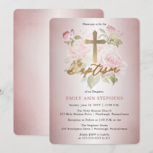 Invitation Aquarelle rose rose Floral Girl Baptême