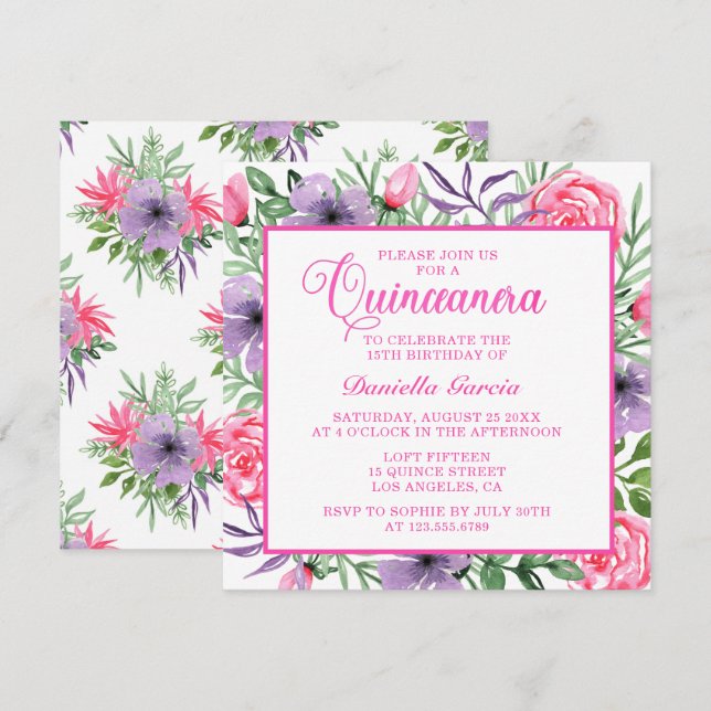 Invitation Aquarelle rose rose Floral moderne Quinceañera (Devant / Derrière)