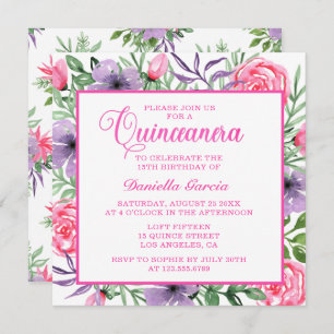 Invitation Aquarelle rose rose Floral moderne Quinceañera