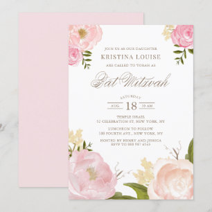 Invitation Aquarelle rose rose pâle Bat mitzvah floral