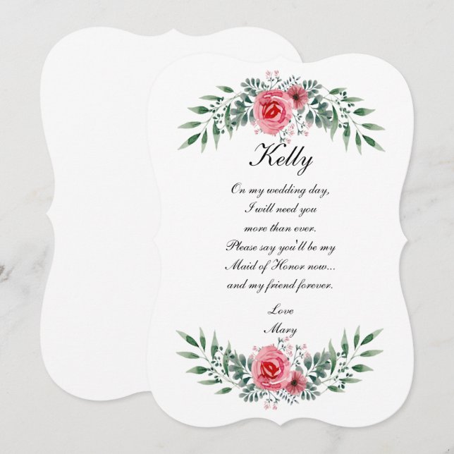 Invitation Aquarelle Rose Rose Pâle Feuillage Verdure Demoise (Devant / Derrière)