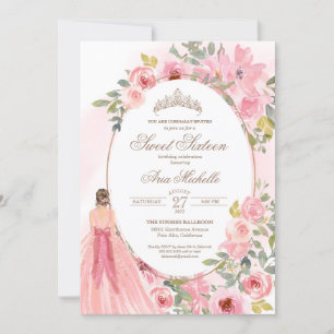 Invitation Aquarelle rose rose pâle Floral Doux 16 Anniversai