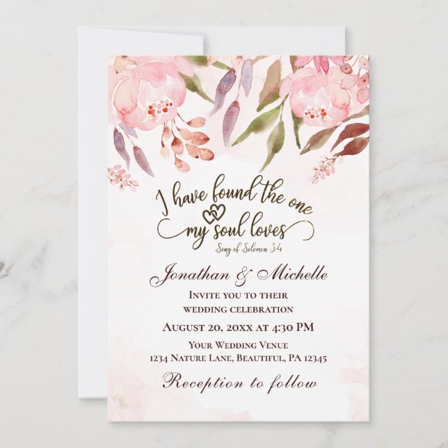 Invitation Aquarelle rose rose pâle Mariage chrétien  (Devant)