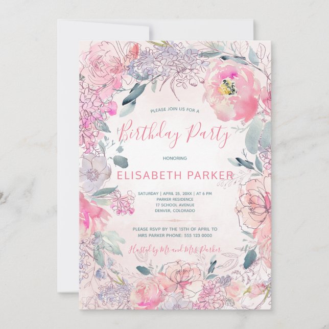 Invitation Aquarelle rose rose pâle roses jardin fête d'anniv (Devant)
