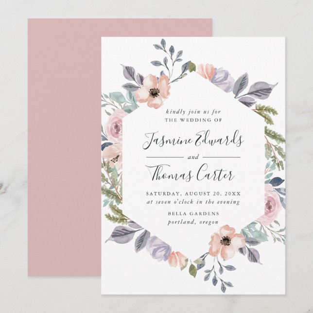 Invitation Aquarelle rose Rose poussiéreuse Cadre floral | MA (Devant / Derrière)