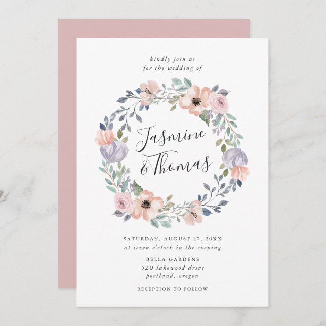 Invitation Aquarelle rose Rose poussiéreuse et couronne flora (Devant / Derrière)