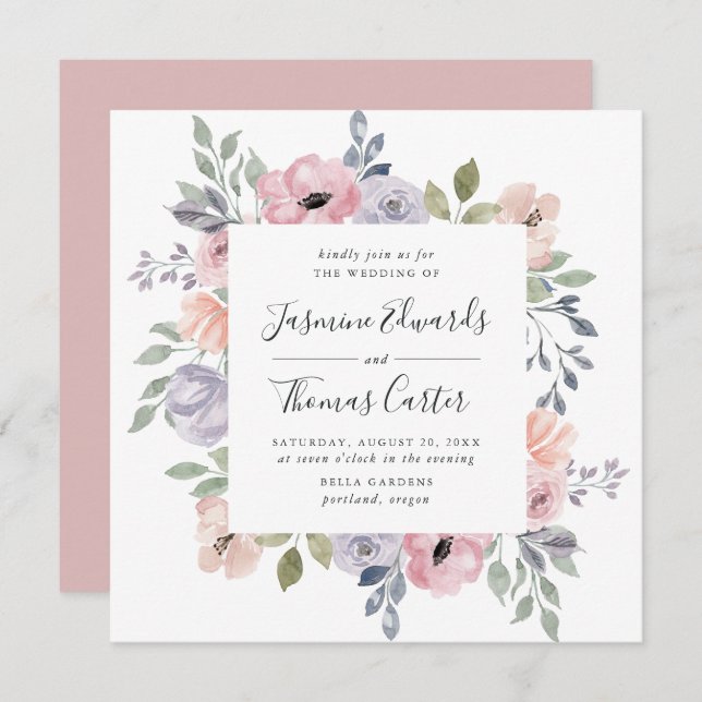 Invitation Aquarelle rose Rose poussiéreuse Floral | MARIAGE  (Devant / Derrière)