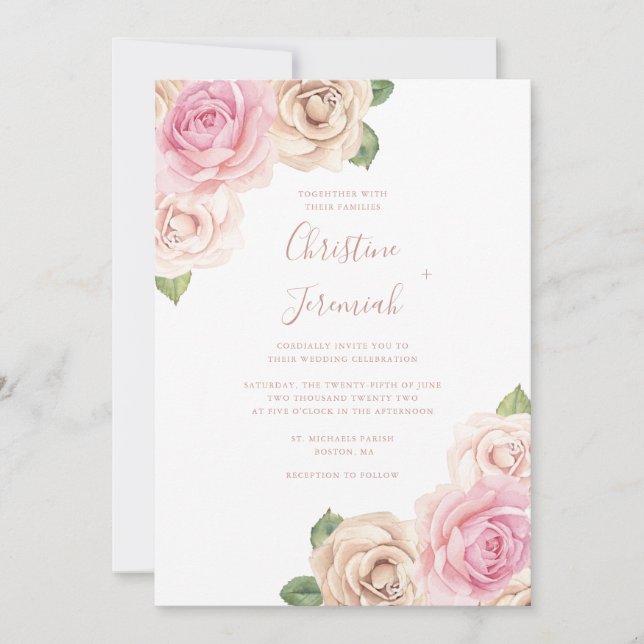 Invitation Aquarelle rose rose rose moderne Mariage floral (Devant)