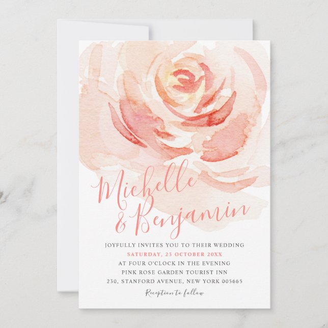 Invitation Aquarelle rose rose rose pâle Mariage (Devant)