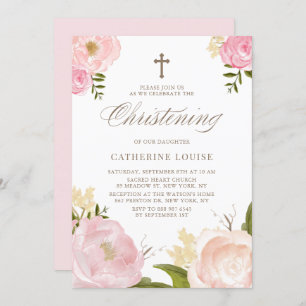 Invitation Aquarelle rose rose rose pivoine rose Christening 