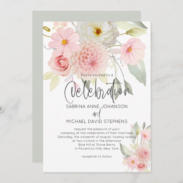 Invitation Aquarelle rose rose rustique Mariage floral (Devant / Derrière)