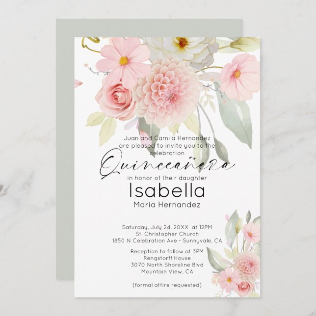 Invitation Aquarelle rose rose rustique Quinceanera florale (Devant / Derrière)