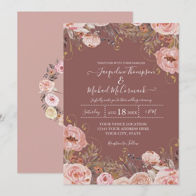 Invitation Aquarelle rose Rose rustique Verdure sèche fleurie (Devant / Derrière)
