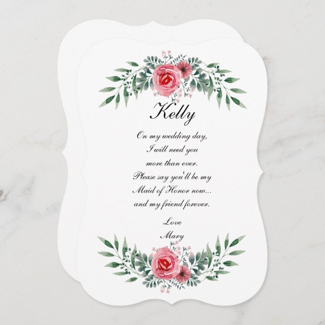 Invitation Aquarelle Rose Rose Vert Feuillage MaidOf Honor (Devant / Derrière)