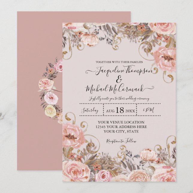Invitation Aquarelle rose Rose vintage Foliage séché (Devant / Derrière)