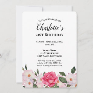 Invitation Aquarelle rose Roses blanches fête d'anniversaire