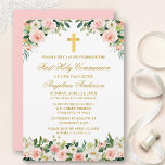 Invitation Aquarelle rose Roses Blanches Floral Communion Or<br><div class="desc">Elégante aquarelle rose blanc Floral First Holy Communion Invitation inclut roses roses,  fleurs blanches et verdure. Croix d'or.</div>