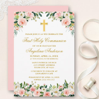 Invitation Aquarelle rose Roses Blanches Floral Communion Or