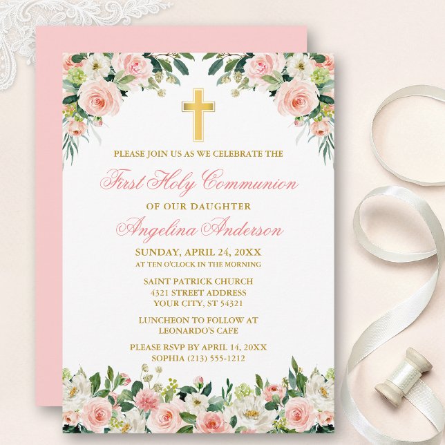 Invitation Aquarelle rose Roses Blanches Floral Or Communion (Customize to change text color, size, style or to change color of back of card.)